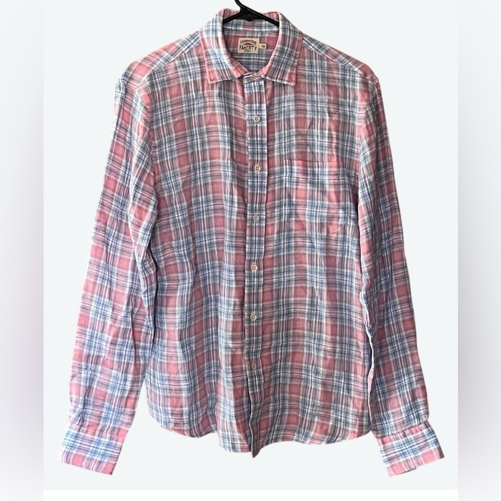 Faherty Men's Small Long Sleeve 100% Linen Pink Blue White Plaid Chambray Shirt